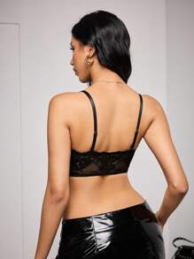Sujetador/top corto de encaje sexy, apto para festivales de música y salidas - Negro - Ver 4