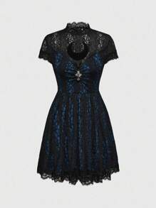 ROMWE Goth 女式哥特式月亮刺绣蕾丝迷你连衣裙