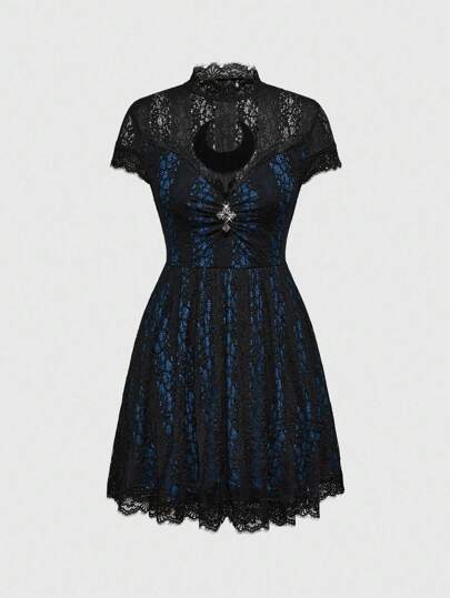Gothic Style Moon Embroidery Lace Mini Dress For Women