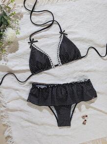 Swim Mod 2件組波點印花掛脖蝴蝶結荷葉邊下擺可愛女款比基尼泳衣套裝，適合夏季海灘度假 - 黑色 - 查看 3