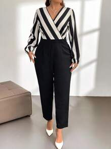 Firerie Plus Block Striped Surplice Neck Lantern Sleeve Jumpsuit