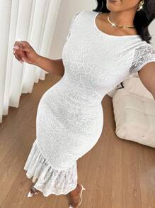 SHEIN Lady 女士优雅度假休闲通勤碎花针织蕾丝短袖修身鱼尾荷叶边修身长裙春夏秋季装生日礼服女婚礼宾客礼服女