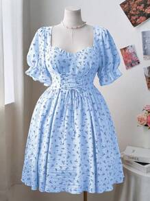 Flirla 大码女式小碎花交叉肩带连衣裙 - 淺藍色 - 查看 4