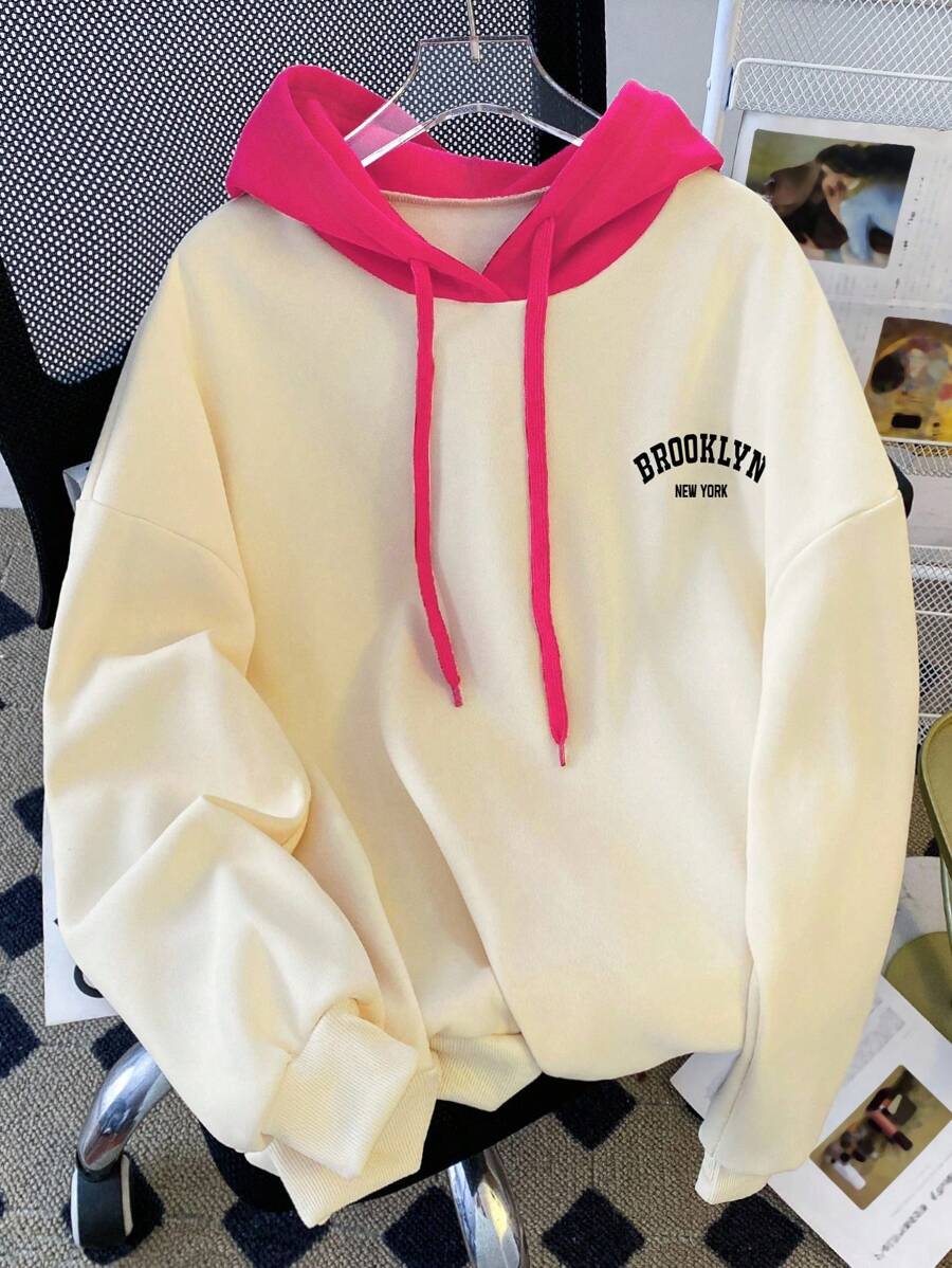 SHEIN EZwear 女式字母印花落肩长袖拼色抽绳连帽套头衫秋季 - 玫紅色 - 查看 1