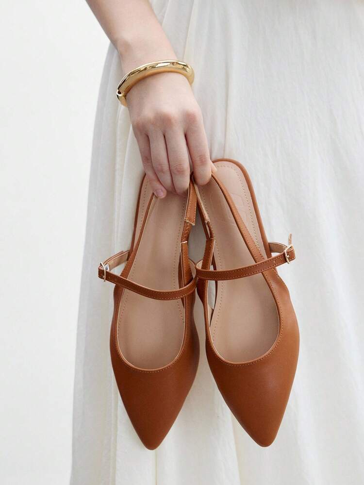 CUCCOO BIZCHIC Women's Brown Point Toe Flat Buckle Strap Comfortable Versatile Office Shoes, Backless Slingback Flat Shoes For Christmas Spring Shoes