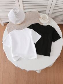 2 pezzi Magliette casual per ragazze pre-adolescenti, con decorazioni di fiocchi in pizzo, a righe, a maniche corte, in maglia sottile, per l'estate - Bianco e nero - Visualizzare 2