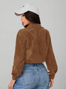 SHEIN PETITE Spring Drop Shoulder Flap Detail Crop Corduroy Jacket In Fall/Winter - Brown - View 2