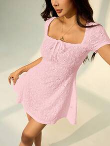 SHEIN PETITE Solid Color Square Neck Short Sleeve Mini Y2K Casual Dress For Women, Summer Dresses For Women Pink Dress For Women