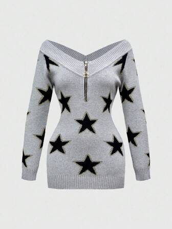 J-Fashion Y2K Chic Slim-Fit V-Neck Off Shoulder Chain Decor Knit Top For Women