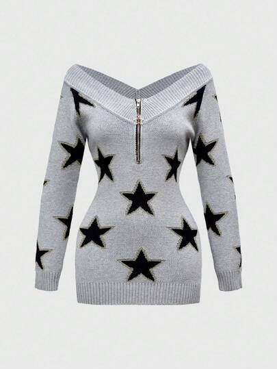 J-Fashion Top tricoté avec décolleté en V, épaules dénudées et décoration de chaîne, coupe slim, look chic Y2K pour femmes