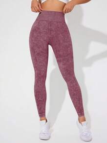 Easithlete Leggings de yoga para mujer de cintura alta elástica y ajustada, de color liso - Burdeos - Ver 2