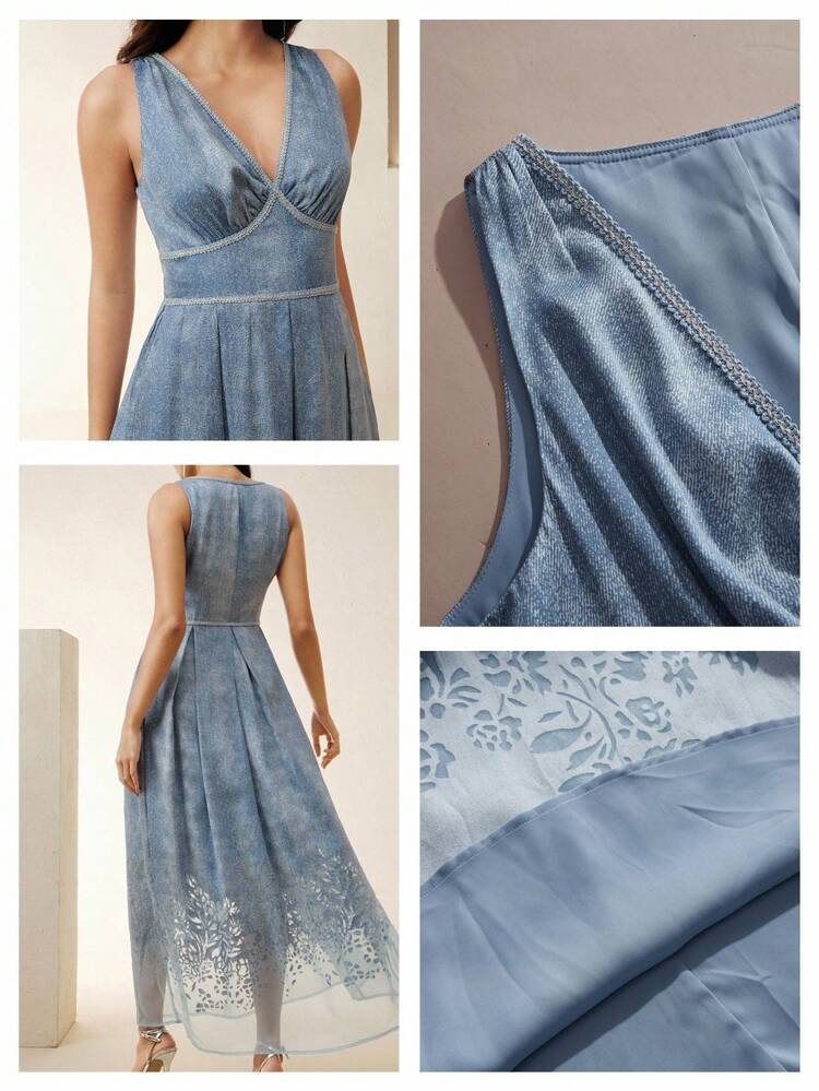 Women's Denim Tencel V-Neck Tiered A-Line Dress, Elegant New Design For Spring Summer