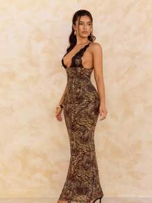 SHEIN SXY Brown,Summer,Chic,Party Night Women Lace Patchwork Backless Maxi Halter Mermaid Dress,Fall Leopard Print Cocktail Party,Formal Date Bridesmaid Dress - Multicolor - View 4