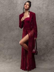 SHEIN LUNE سترة نسائية بطراز بدون طبعات بأكمام طويلة وخصر مضبوط - عنابي اللون - مشاهدة 5