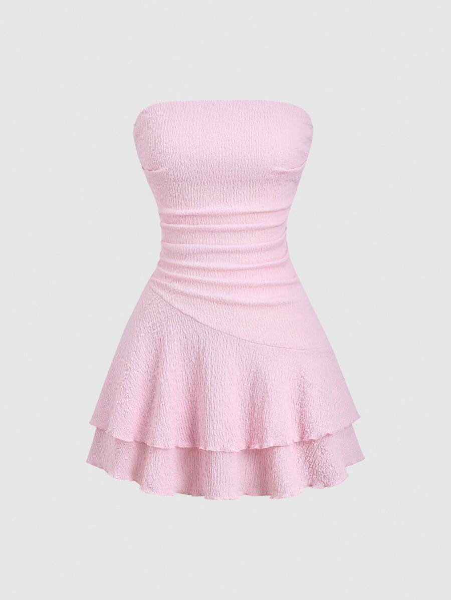 Sweetra Y2K Sexy Crinkle Material Ruched Bandeau Dress - Pink - View 1