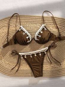Swim Vcay Set de 2 trajes de baño de una pieza sexy para mujer con anillo de acero negro, gancho con borlas tejidas y cordones laterales - Marrón - Ver 3