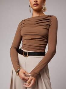 Silquee Women's Solid Color Boat Neck Dolman Sleeve Gathered Casual T-Shirt,Business Casual Top,Long Sleeve Top,Old Money Style Women,Fall Women Clothes,Back To School Clothes,Going Out Women,Going Out Outfits,Date Night Outfits Women