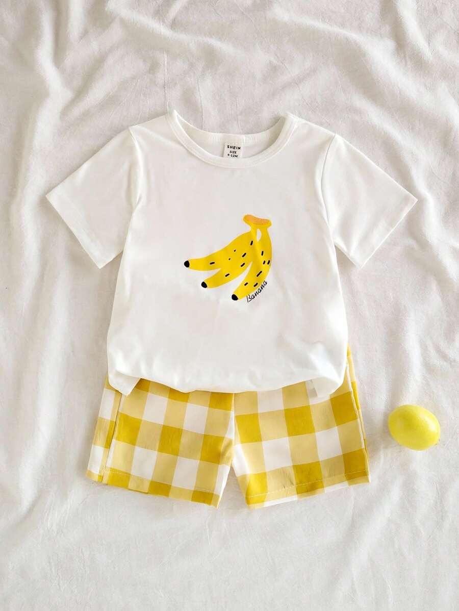 SHEIN Vintaside Kids Bộ trang phục 2 món cho bé trai - Họa tiết quả chuối dễ thương thời trang đa năng phù hợp với phong cách đồng quê kẻ caro phong cách Hàn Quốc - Màu vàng - Xem 1