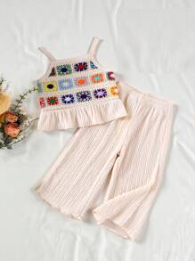 SHEIN Vintaside Kids 嬰兒女孩無袖鉤針針織短款背心上衣和休閒長褲夏季套裝