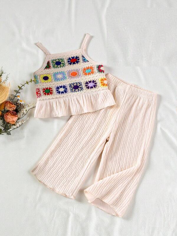 SHEIN Vintaside Kids Baby Girl Sleeveless Crochet Knitted Short Tank Top And Casual Pants Summer Outfit