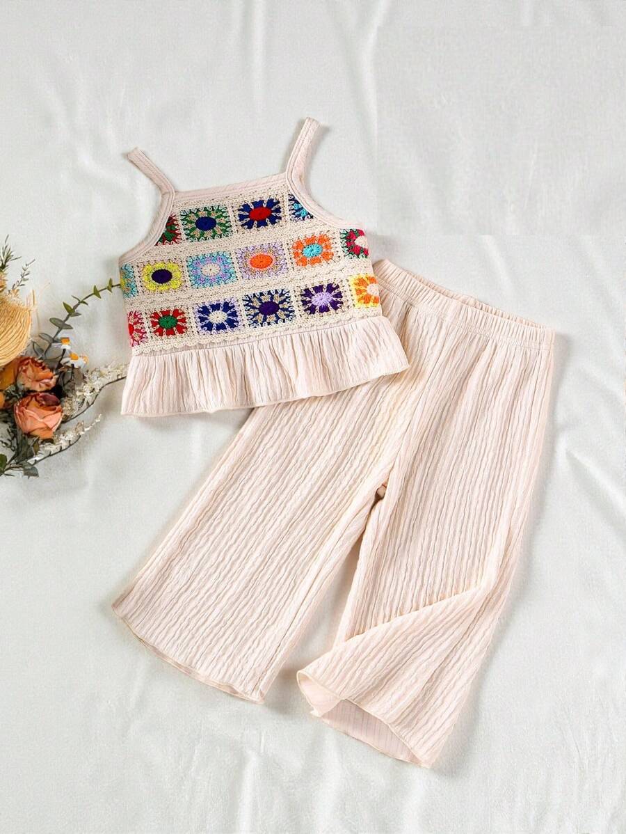 SHEIN Vintaside Kids 嬰兒女孩無袖鉤針針織短款背心上衣和休閒長褲夏季套裝