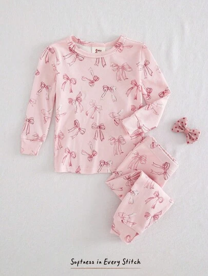 Cozy Pixies Pyjamasset för babyflicka, mjuk stickad topp med rund halsringning och långärmad design, tröja med rosetttryck och långbyxor med resår i midjan