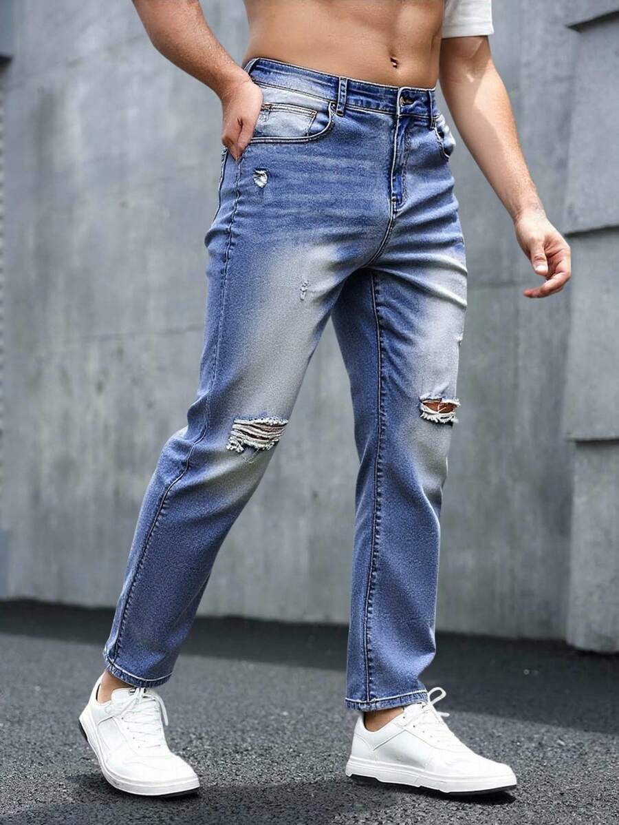 Manfinity VCAY 男士休闲破洞弹力锥形牛仔裤 - 藍色 - 查看 1