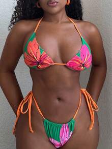 Alexandranx Summer Beach Floral Print Halter Triangle Bikini Set - Multicolor - View 3