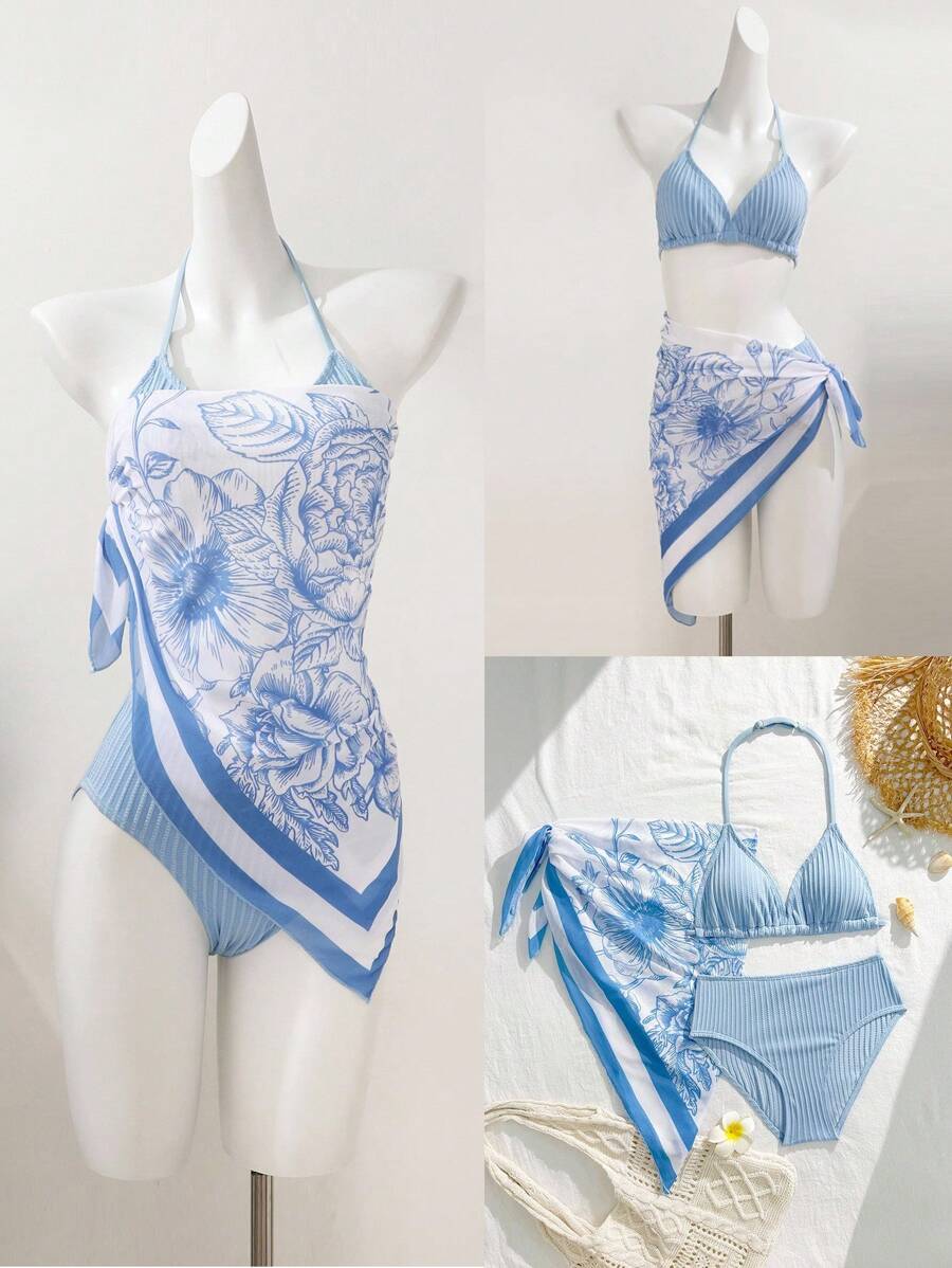 蓝色调少女分体泳衣：条纹特殊面料泳衣，展现青少年时尚海滨审美 - 彩色 - 查看 1