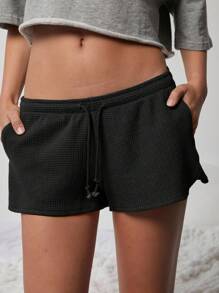 WESTFADE 可爱中腰系带纹理针织休闲短裤 - 黑色 - 查看 4