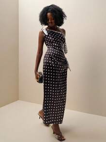 Zolique Damen Sommer Mode Polka Dot Muster asymmetrischer Ausschnitt Spaltkleid - Schwarz und Weiss - Übersicht 5