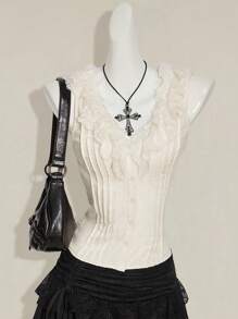 SHEIN ICON Y2k Women's Western Country Concert Boho Hippie Beige Goth Open Front Sleeveless Lace Trim Top, Y2k Tops - Beige - View 1