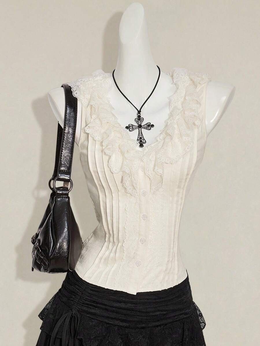 SHEIN ICON Y2k Women's Western Country Concert Boho Hippie Beige Goth Open Front Sleeveless Lace Trim Top, Y2k Tops - Beige - View 1