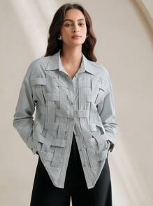 Anewsta 女式蓝色条纹格子优雅休闲宽松长袖衬衫，适合春夏季 - 墨綠色 - 查看 6