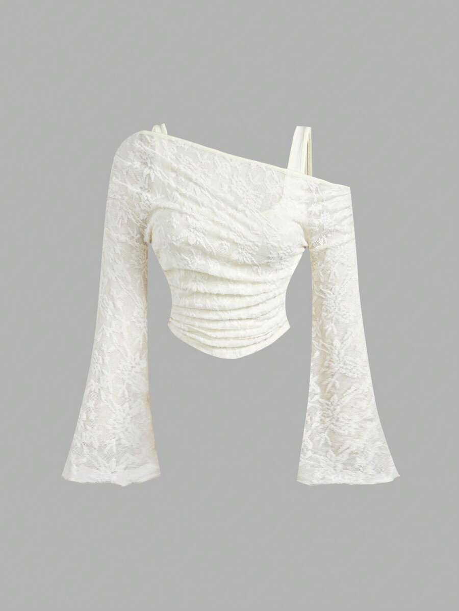 SHEIN MOD Morelowy asymetryczny kołnierzyk z bufiastymi rękawami i eleganckim T-shirtem, jesienno-zimowy kostium z wydrążonymi elementami, piracki top księżniczki, kostium damski na wyjścia - Morela - Zobacz 1