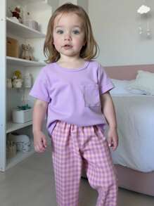 SHEIN 2pcs/Set Baby Girl Plaid Print Comfortable Fashion Versatile All-Match Top And Shorts, Spring/Summer