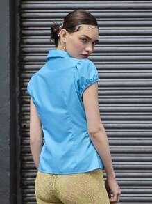 COUREZ 修身褶裥衬衫 / 女士夏季穿搭 Y2K 街头风可爱复古夏季上衣 - 寶藍色 - 查看 3