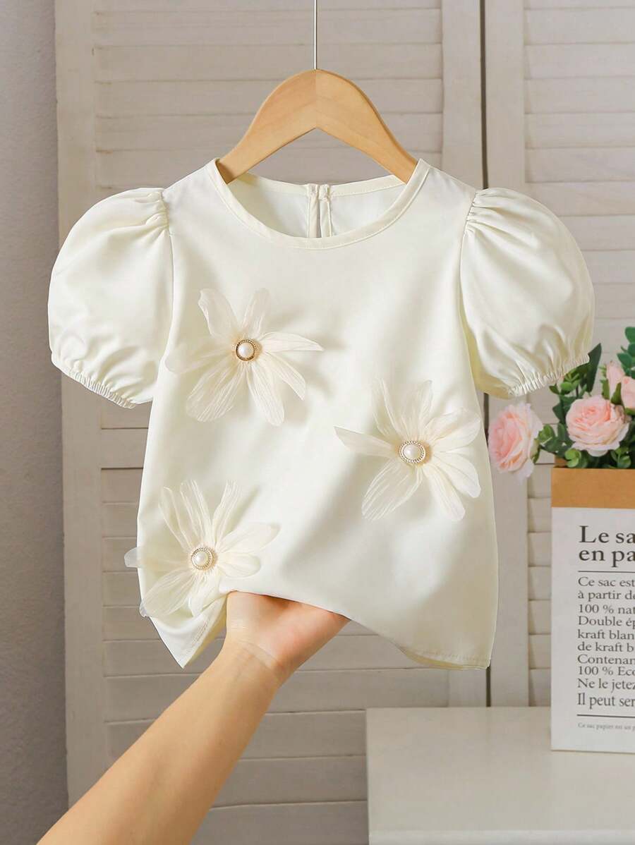 Elladie kids Young Girl Elegant 3D Floral Decor Puff Sleeve Shirt, Summer Dressy Tops For Girls Blouses For Girls Poofy Sleeve Shirt Elegant Shirts For Girls Cute Baby Doll Tops Girls Tops With Flowers