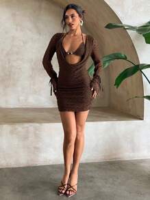 Aloruh Women's Coffee Brown Boho Vintage 2 In 1 Mini Bodycon Dress,Long Sleeve Wide Collar Elegant Night Out Party Beach Outfit,70s Autumn Sun Dresses - Brown - View 5