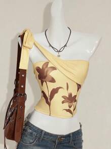 SHEIN ICON 女式波西米亚风性感图案黄色复古花卉印花挂脖无袖休闲衬衫