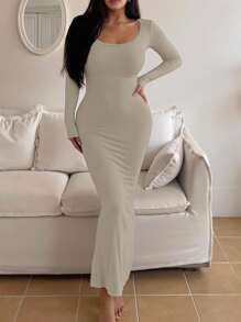 INAWLY Solva Robe décontractée minimaliste à manches longues pour femmes - Beige - Voir 3