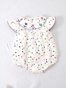 SHEIN Playful Pals 時尚的嬰兒女孩圓點和花卉印花蓋袖連身衣 - 白色 - 查看 1