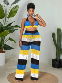 Maweii Bộ 2 món gợi cảm lãng mạn cỡ lớn cho nữ: Áo len hở lưng kẻ sọc cầu vồng và quần len - màu đen - Xem 4