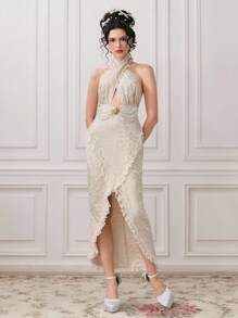 ROMWE EDITION Váy dài đuôi cá trang trí ngọc trai bằng vải jacquard cổ điển, phong cách cung điện - Màu be - Xem 4