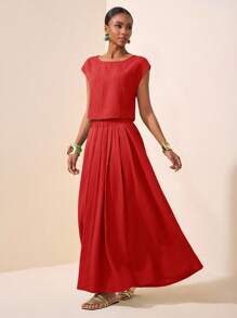 Zivah 2025 New Summer Leisure Vacation Elegant Daily Dating Beach Wear Birthday Party Round Neck Raglan Sleeves Short Sleeves Cut T-Shirt + Pleated Skirt Long Skirt Green Wave Stripe Woven Ladies Two Pieces Suit Red Crop Top And Skirt Set Red Summer Outfit Women