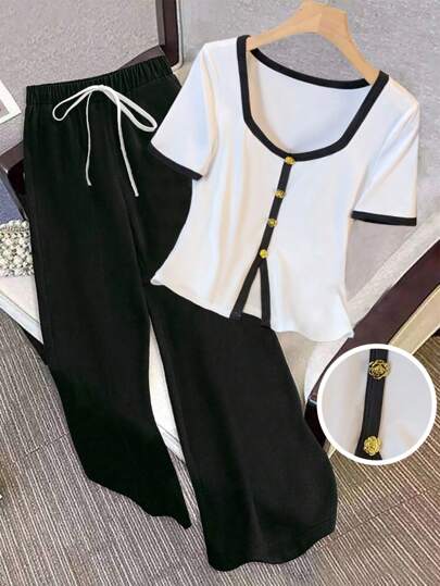 Everyssa 2 件套休闲女式夏季花卉纽扣装饰短袖上衣和裤子套装