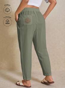 Elaquor 大码女式眼睛刺绣抽绳腰袋锥形休闲裤 - 軍綠色 - 查看 1