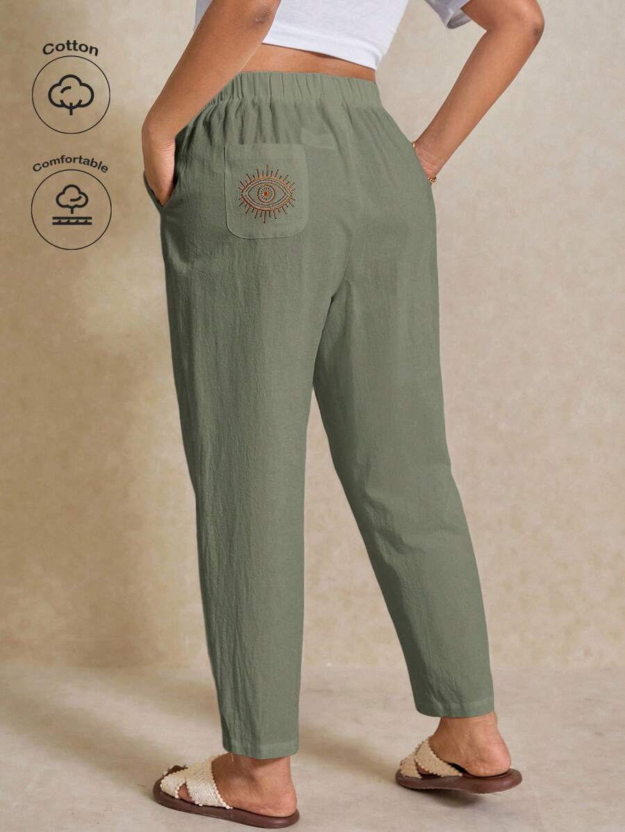 Elaquor 大码女式眼睛刺绣抽绳腰袋锥形休闲裤 - 軍綠色 - 查看 1