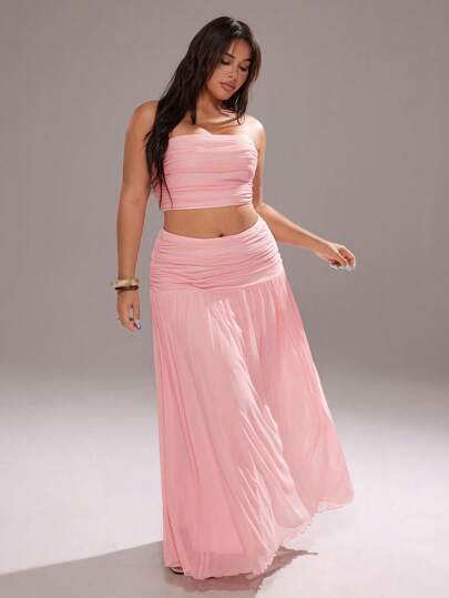 Rustia 2pcs/Set Fuchsia Crop Tube Top & Ruched Waist Skirt Set For Travel, Date, Plus Size