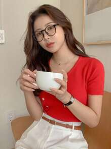 DAZY Women's Solid Color Asymmetric Neck Button Design Casual Knit Top, Short Sleeve - Red - View 6